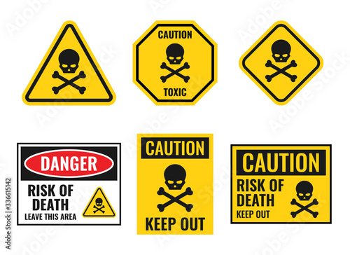 danger sign with scull and crossbones, warning icons set
