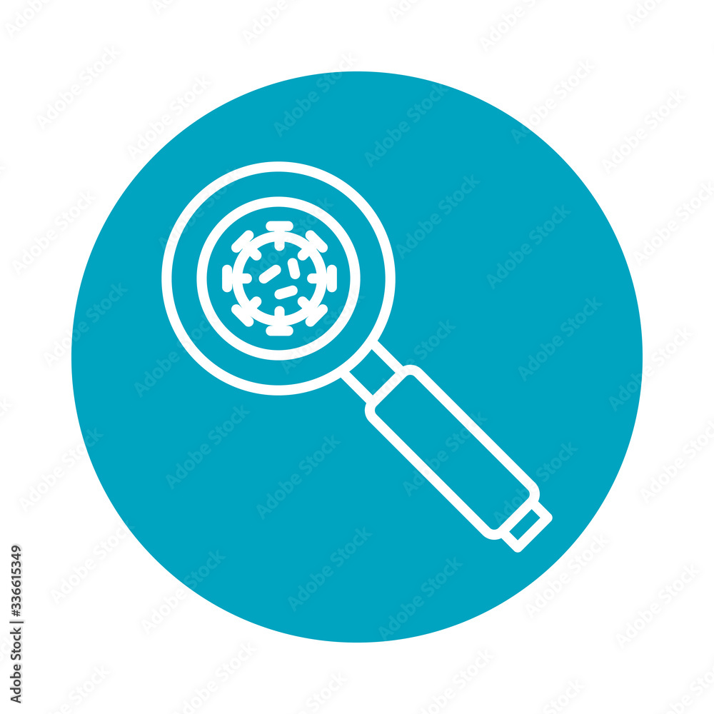 coronavirus and magnifying glass icon, block style coronavirus and magnifying glass icon, block style