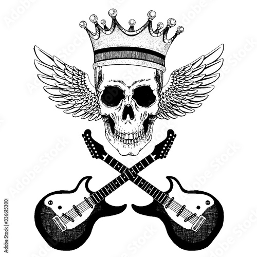 Vector skull with wings in crown with guitars. Logo for shirt, musical poster