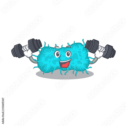 Mascot design of smiling Fitness exercise bacteria prokaryote lift up barbells