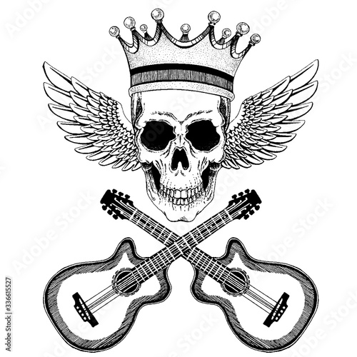 Vector skull with wings in crown with guitars. Logo for shirt, musical poster