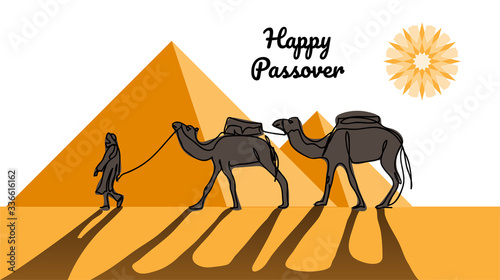 Happy passover, jewish holiday pesach. Vector illustration of passover with desert, egyptian pyramids, caravan, camels.