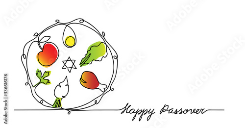 Jewish seder plate, dish with meal. Happy passover lettering, holiday pesach. Vector illustration of traditional pesach food on the plate. One continuous line drawing.