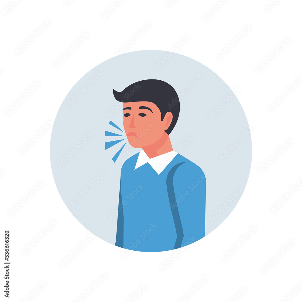 A man coughs without covering his mouth with his hand. Symptoms of coronavirus covid-19 disease. Vector flat icon. Cartoon style. The disease is pneumonia or bronchitis or asthma.