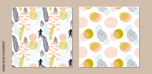Abstract pattern with organic shapes in pastel colors mustard yellow, pink. Organic background with spots.