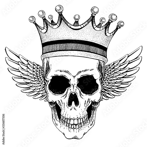 Vector skull with wings in crown with guitars. Logo for shirt, musical poster