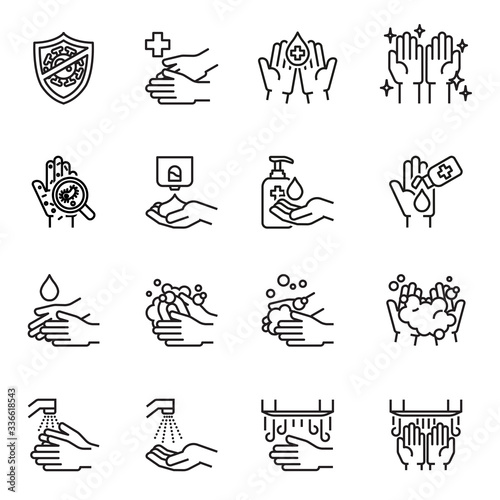 Hand washing and Hand sanitizer hygiene icon set with white background. Thin Line Style stock vector.