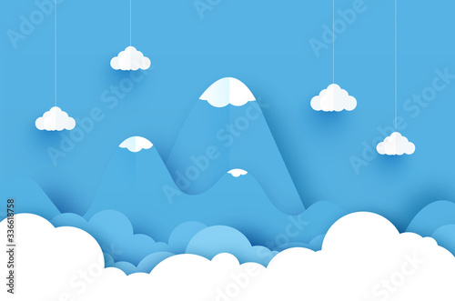 Blue mountain with clouds and sun on blue background. paper cut style background. Template. vector illustration.