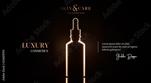 Elegant cosmetic dropper for skin care on black background. Vector golden cosmetic dropper mock up. Beautiful cosmetic template for ads. Makeup products brand background. Dropper flyer.
