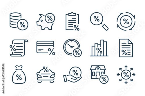 Loan, tax and fees line icons. Discount and Investment vector linear icon set.
