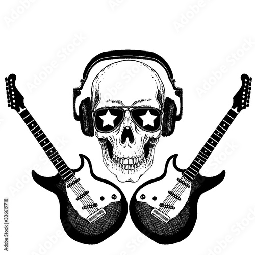 Vector skull in headphones with guitars. Logo for shirt, musical poster