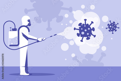 Disinfection coronavirus covid-19. Worker in chemical hazmat suit protection and equipment. Spraying antibacterial. Biological precaution. Vector flat design. Isolated on white background.