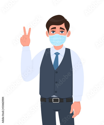 Young businessman wearing medical mask and showing victory, peace sign. Trendy person in waistcoat covering face protection and making hand gesture. Male character cartoon illustration in vector style