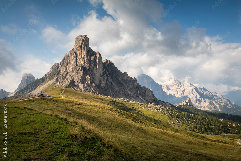 Passo Giau at daylight after rain with beautiful clouds, Dolomites, Italy