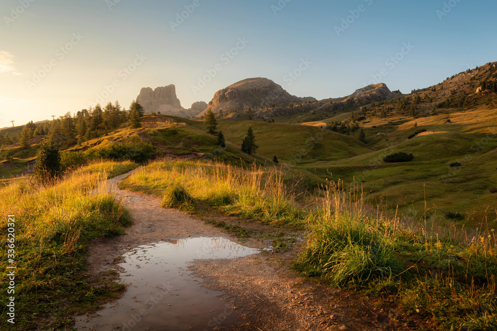 Morning panorama view from top of Falzarego pass with Lagazuoi mountain range, South Tyrol, Italy, Europe.