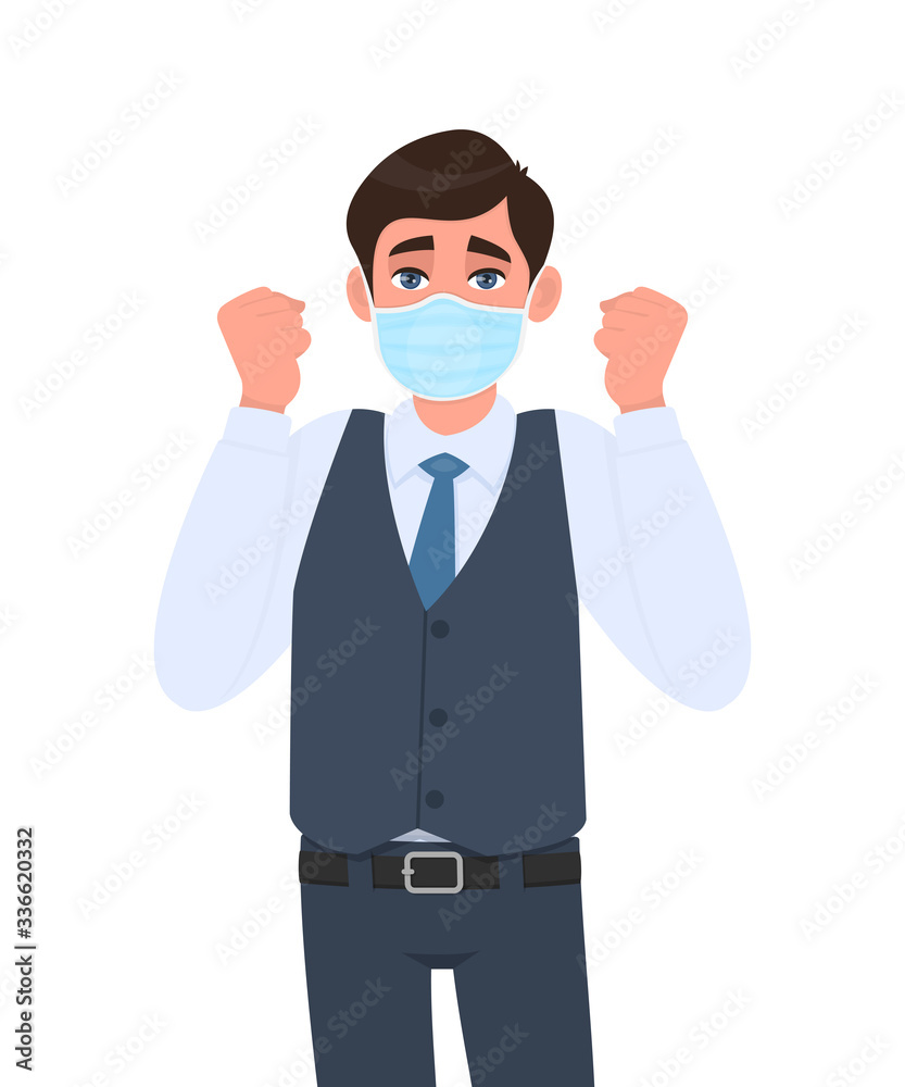Young businessman wearing medical mask and celebrating raised hand fist. Trendy person in waistcoat covering face protection and showing success arm gesture. Male cartoon illustration in vector style.