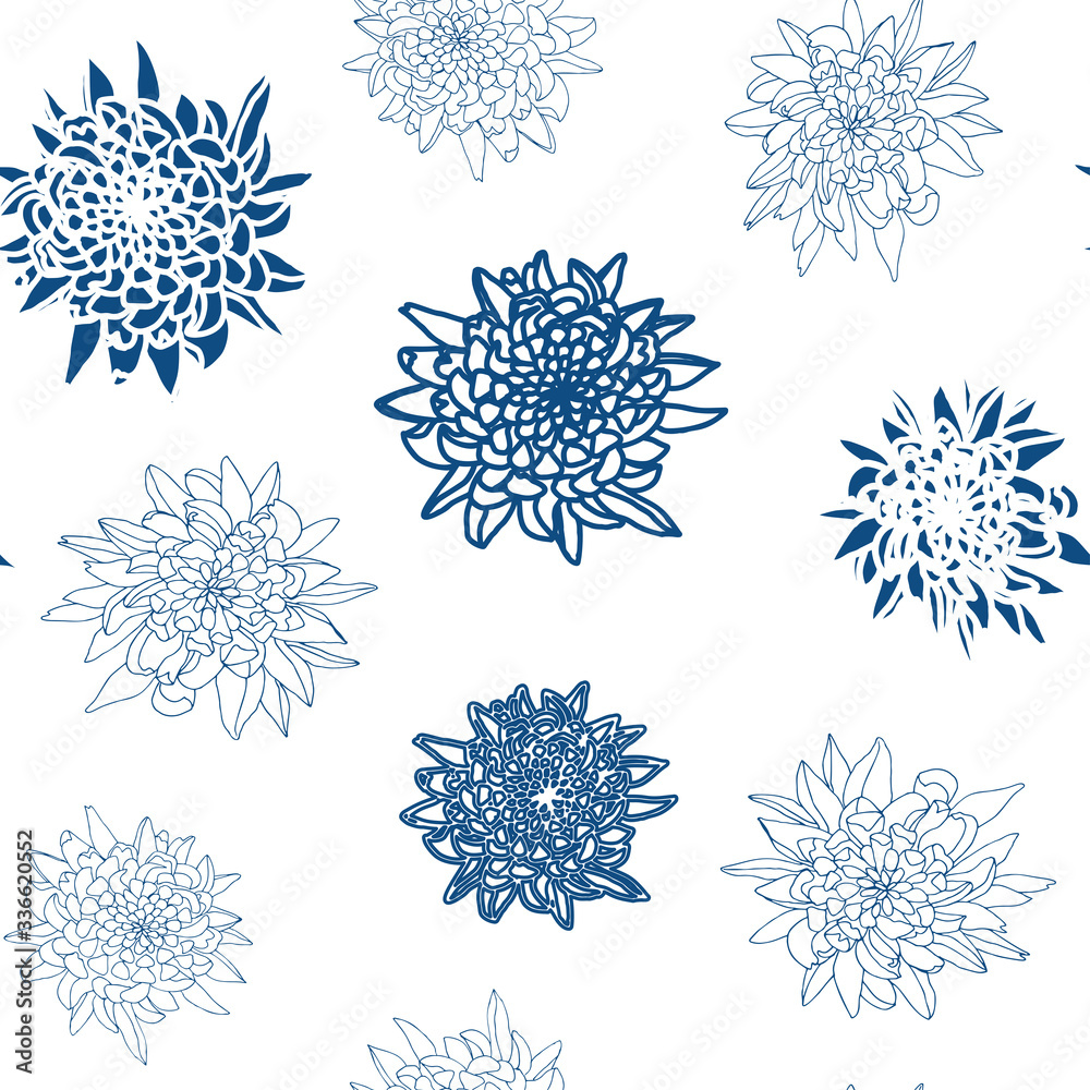Fototapeta Vector seamless floral pattern with chrysanthemums. Hand drawn flowers background.