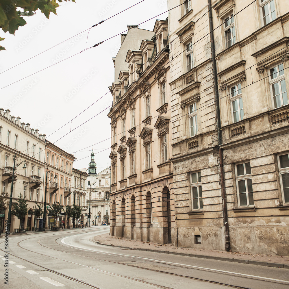Budapest, Hungary 2019. Lonely street and buildings in historical place of Budapest, Hungary. Architecture city travel concept. Neutral colors.