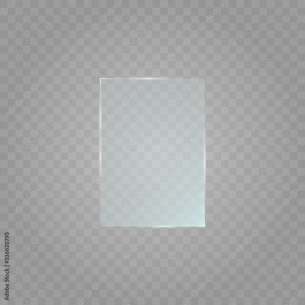 Glass plate on transparent background. Acrylic and glass texture with glares and light. Glass window isolated on white background. Vector illustration. Eps 10.
