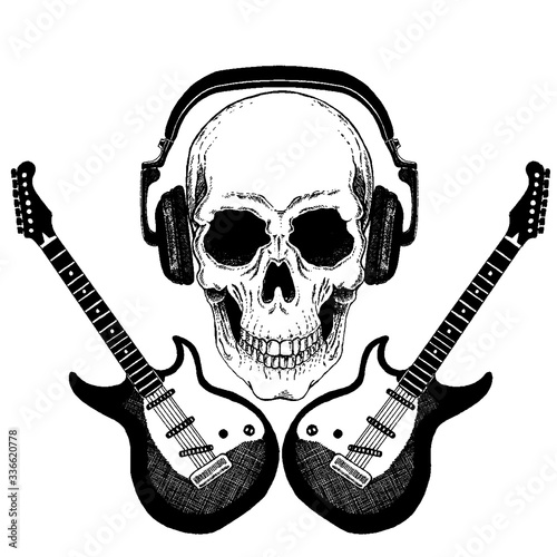 Vector skull in headphones with guitars. Logo for shirt, musical online school, internet education, tattoo, poster.