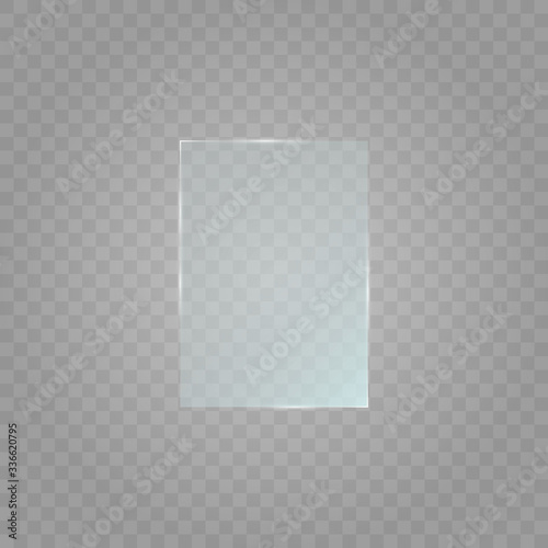 Glass plate on transparent background. Acrylic and glass texture with glares and light. Glass window isolated on white background. Vector illustration. Eps 10.
