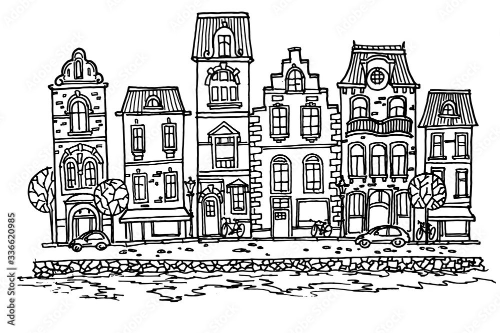 Vector sketch of Traditional architecture in the town of Bruges (Brugge), Belgium