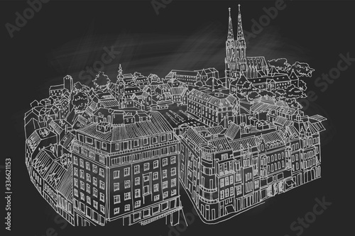 Hand drawn ink line sketch, bird's-eye view of Zagreb, Croatia. 