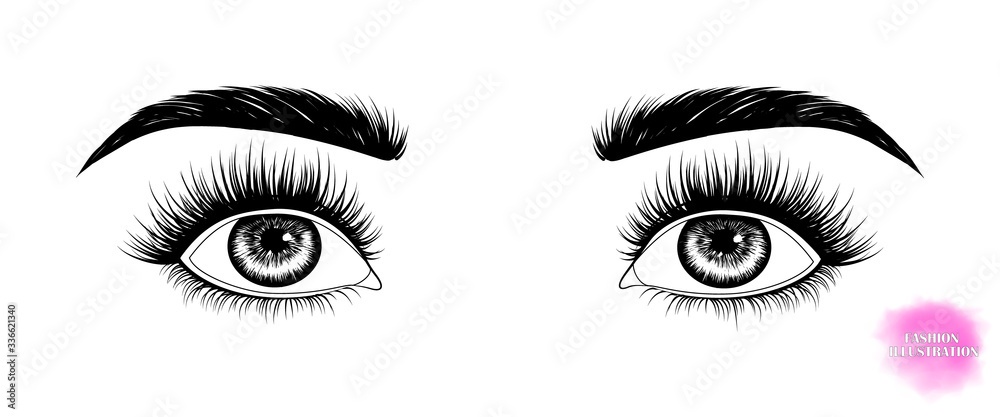 Fashion illustration. Black and white hand-drawn image of eyes with eyebrows and long eyelashes looking up. Vector EPS 10.