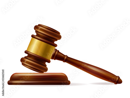 Wooden brown judge gavel, decision glossy mallet for court verdict. 3d realistic vector, isolated on white background. Hammer with gold on the stand. Law and justice system symbol.