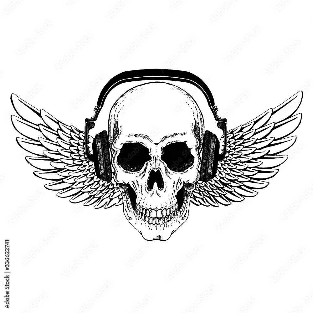Vector skull in headphones. Logo for shirt, musical online school, internet education, tattoo, poster. Vector skull in headphones. Logo for shirt, musical online school, internet education, tattoo, poster.