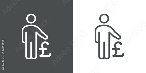 Icono plano lineal hombre de pie con símbolo libra en fondo gris y fondo blanco