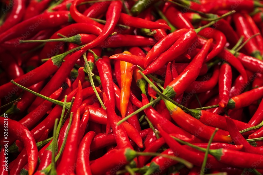 Close up Pile of Fresh hot chilli peppers, thai street food market