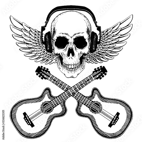 Vector skull in headphones with guitars. Logo for shirt, musical online school, internet education, tattoo, poster.