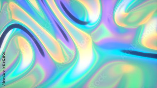 Fototapeta Naklejka Na Ścianę i Meble -  iridescent drapery fabric, soft folds on colorful shiny silk, background for the designer, horizontal, close-up, copy space, 3d illustration, 3d rendering