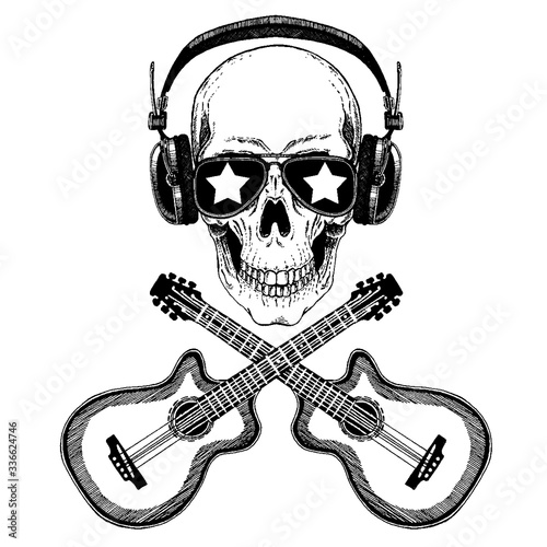 Vector skull in headphones with guitars. Logo for shirt, musical online school, internet education, tattoo, poster.