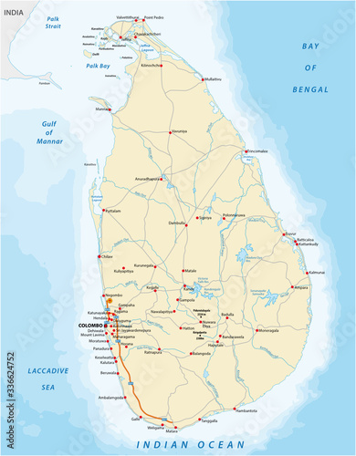 Vector color map of Sri Lanka country with important cities and roads