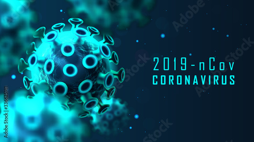 Coronavirus cell structure on blue background with sample text. Vector illustration
