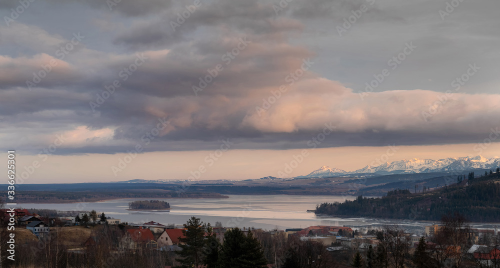 City of Namestovo and Orava dam with Rohace hills on the background, Slovakia