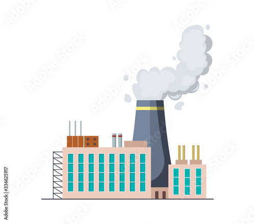 Factori or power plant flat design of vector illustration. Manufactory industrial building refinery factory or Nuclear Power Station. Building big of plant or factory with pipe smoke