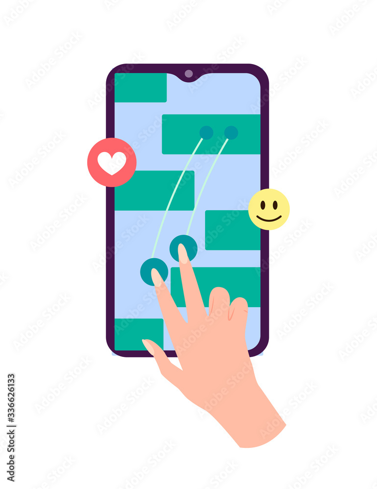 Hand holding smartphone with heart emoji message on screen, like button. Social network and mobile device. Graphics for websites, web banners. Flat design vector illustration Hand holding smartphone with heart emoji message on screen, like button. Social network and mobile device. Graphics for websites, web banners. Flat design vector illustration