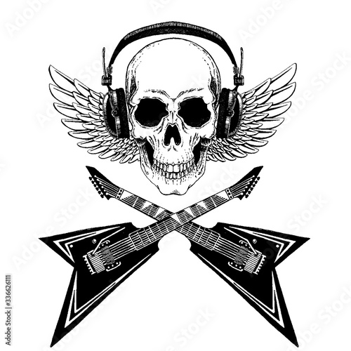 Vector skull in headphones with guitars. Logo for shirt, musical online school, internet education, tattoo, poster.