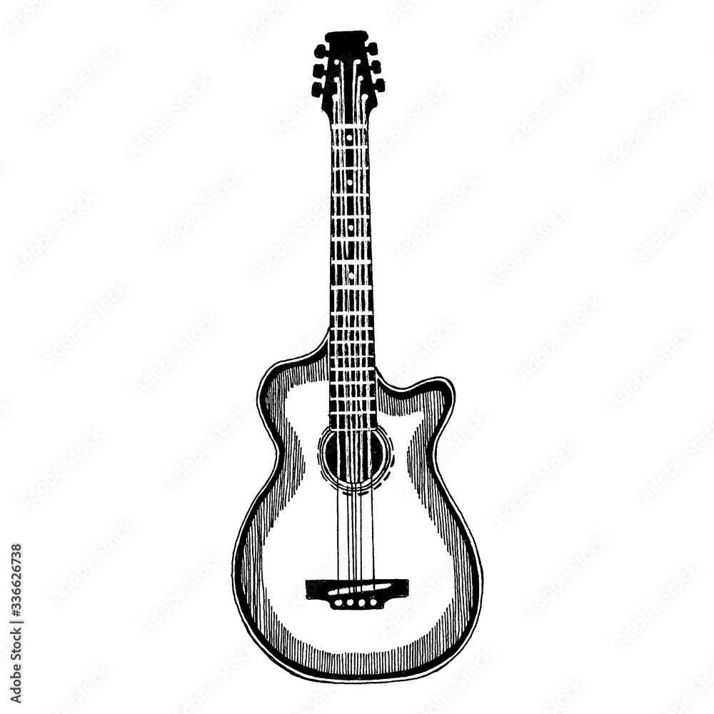 Acoustic vector guitar. Emblem for musical school, festival. Heavy metal, rock, jazz.