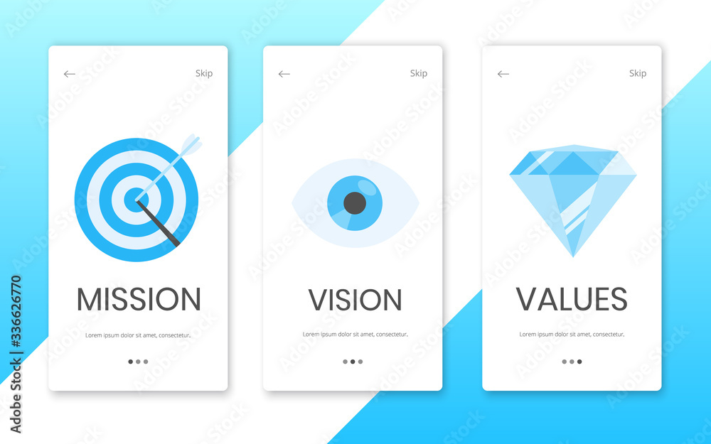 Mission, vision and values flat style design landing page template web concept vector illustration set isolated on white background. Web page concepts for business company strategy and teamwork plan. - obrazy, fototapety, plakaty 