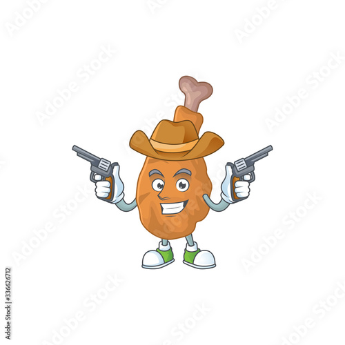 A cowboy cartoon character of fried chicken holding guns