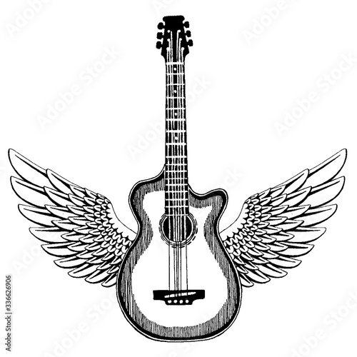 Acoustic vector guitar with wings. Emblem for musical school, festival. Heavy metal, rock, jazz.