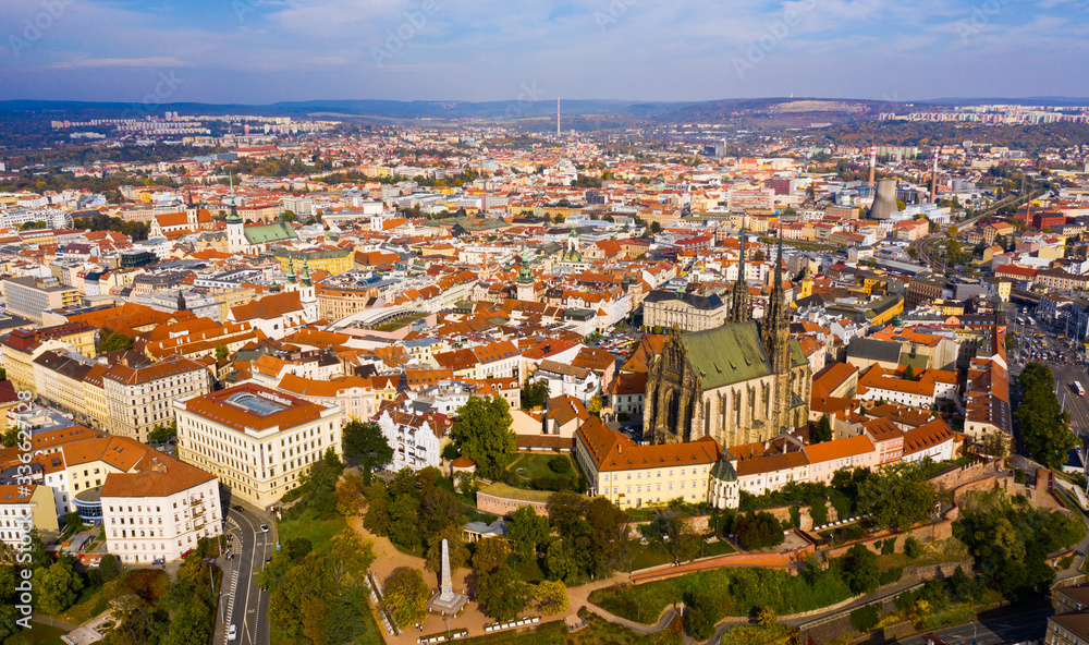 Panoramic view from the drone on the city Brno. Czech Republic