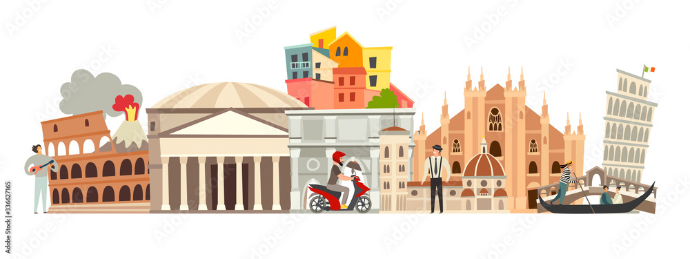 Italy skyline colorful background. Famous Italy building. Italy hand drawn  vector illustration. Italian travel landmarks/attraction. Vector  illustration isolated on white background Stock Vector | Adobe Stock