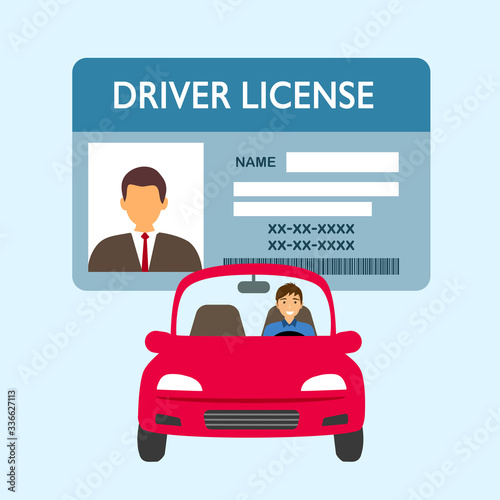 A man driving car. Driver license concept vector illustration. Renew driving license idea in flat design. Identity card.