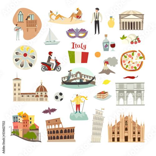 Italy landmarks vector icons set. Illustrated travel collection. Italian Sardinia island cartoon style. Milan Cathedral and Pisa Tower. Coliseum, Rome drawn art sign. Isolated on white background