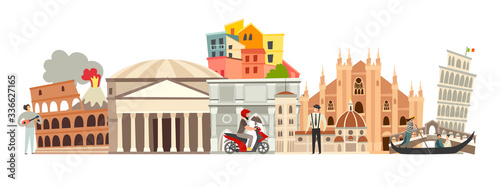 Italy skyline colorful background. Famous Italy building. Italy hand drawn vector illustration. Italian travel landmarks/attraction. Vector illustration isolated on white background